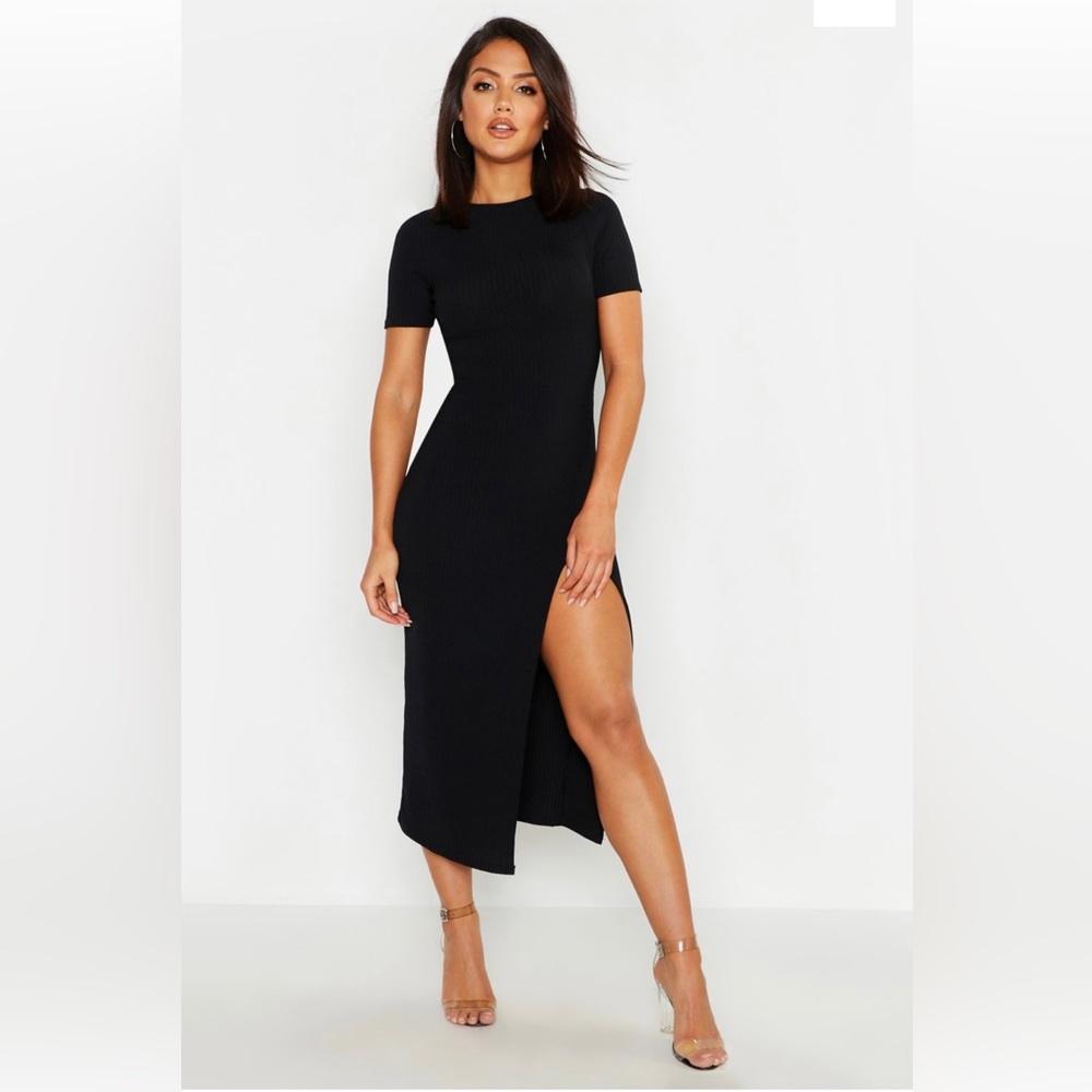 ribbed split side midi dress